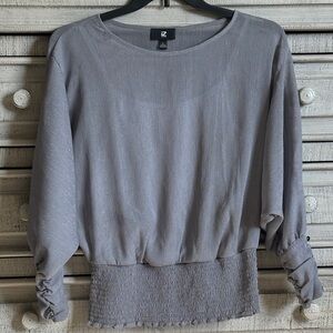 iZ Byer Relaxed Smocked Waist Long-Sleeve Blouse in Light Gray